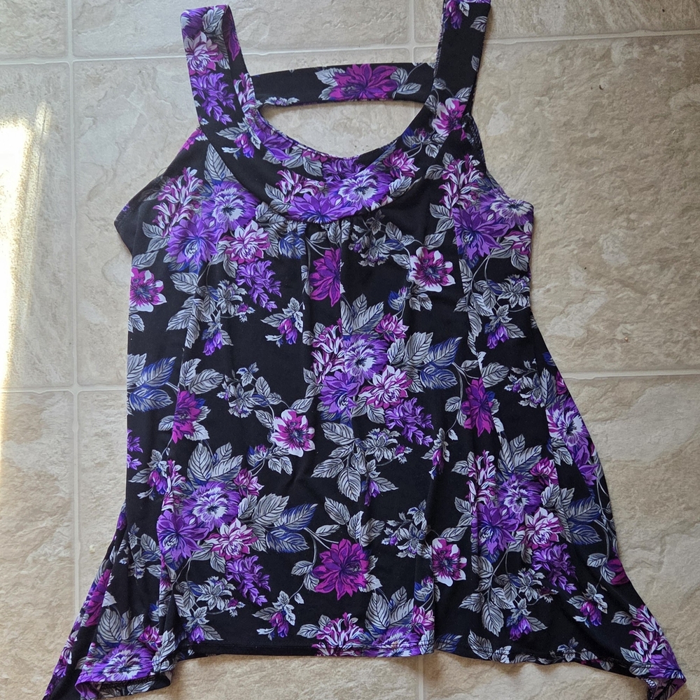 Black and Purple Asymmetrical Cut Out Tank Top